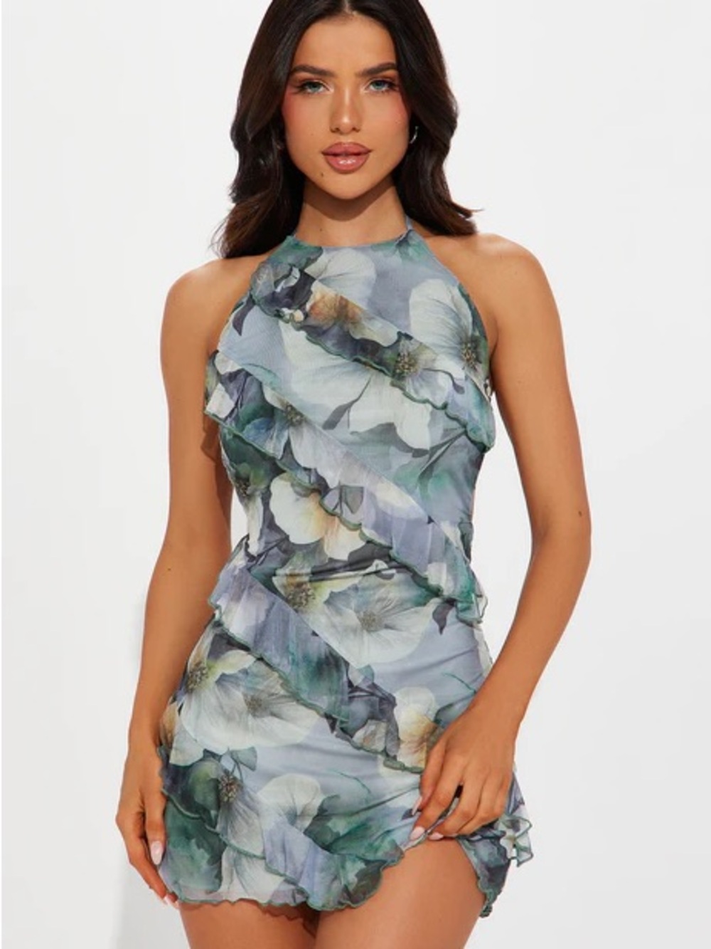 Floral Halter Ruffle Mini Dress - Blue Green